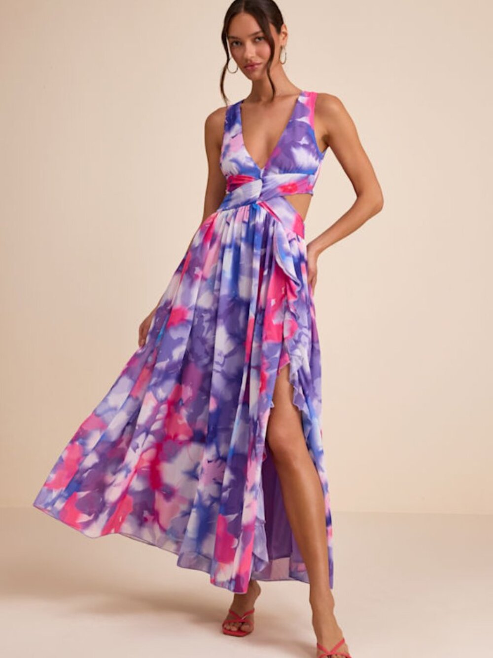 Lulus Elisanna Purple Multi Floral Lace-up Midi Dress - Size M